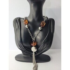 Vintage Silver Tone Tassel Pendant Necklace Brown Beads Long Chain Boho Jewelry